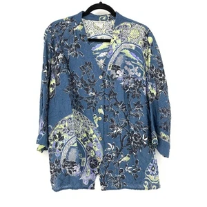 Citron Santa Monica Buttondown Crinkle Top Womens Sz 1X Asian Floral Print Blue - Picture 1 of 6