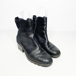 SOREL Cate Booties black leather mid calf waterproof heeled womens US 8.5 - Picture 1 of 7