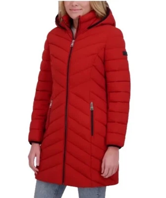 NEW DKNY Women's Size M Red Puffer Coat Full Zip Hood Polyester Chevron Pattern - Image 1 of 4