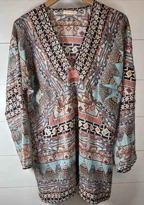 Johnny was 100 % Silk Large Tunic Blouse Top Floral Geometric Luxury V- Neck - Image 1 of 4