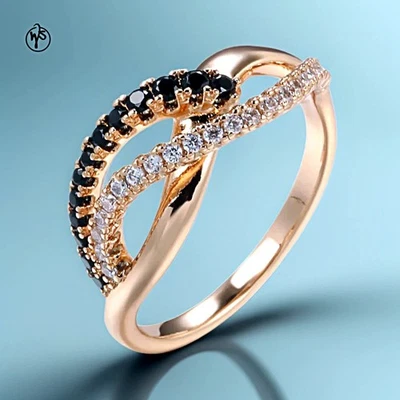 Ring Welle Vergoldet Rosegold Gold 585 Rolled mit weißen und schwarzen Zirkonia - Bild 1 von 4