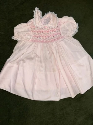 Vintage Polly Flinders Baby Girls Dress Pink Embroidered Smocked Lace Trim 18 M - Image 1 of 4