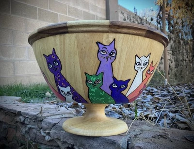 Grande tigela de console de madeira pintada à mão * gatos * assinada 14” original - Imagem 1 de 4