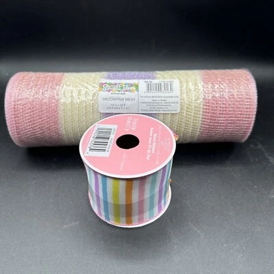 Easter Deco Mesh Ribbon Roll Wired Striped Spring Crafts Wreaths Pink Purple - Image 1 of 4