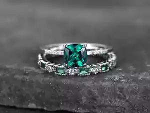 2Ct Cushion Cut Lab-Created Emerald Bridal Set Wedding Ring 14kWhite Gold Plated - Picture 1 of 8