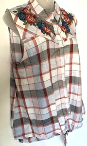 Como Blue Button Down Plaid Sleeveless Embroidered Shirt Blouse Tank Top sz.L NW - Picture 1 of 8