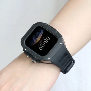 Boîtier en fibre de carbone de luxe bracelet en caoutchouc pour Apple Watch 10 42 mm/46 mm str - Photo 1 sur 37