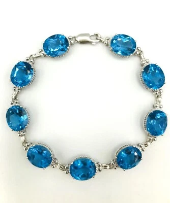 Pulsera 50ctw Topacio Azul Piedras Ovaladas Oro Blanco 14k 7.5" Foto 1 de 4