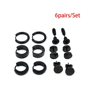 6 Pairs Studs Earrings Set Stainless Steel Dange Hinge Hoop Black Men Earring - Picture 1 of 4
