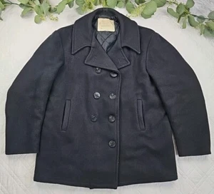 VTG US Naval Pea Coat Made in USA Mens Size 44 Double Breasted Wool Long Coat - Picture 1 of 12