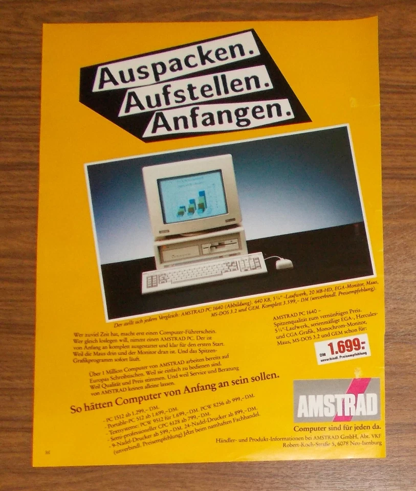 Seltene Werbung AMSTRAD PC 1640 Computer - Aufstellen - anmachen - anfangen 1988 - Image 1 of 1