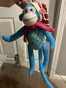 12” 2011 Blue Sock Monkey Ornament w/Hat & Scarf Swing Arms/Legs North Pole - Picture 1 of 5