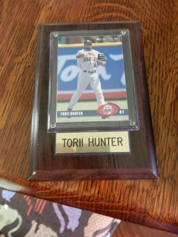 Torii Hunter Baseball Card DonRuss 2003 in Wood Plaque Cover