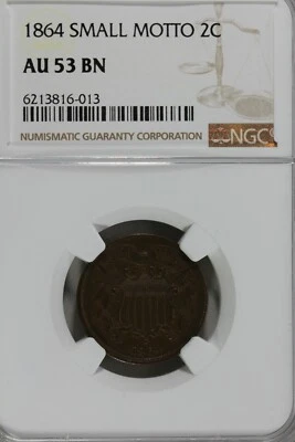 1864  .02  NGC  AU 53BN SMALL MOTTO Two-cent piece, 2c, Shield Coin, 1800's coin - Image 1 of 4