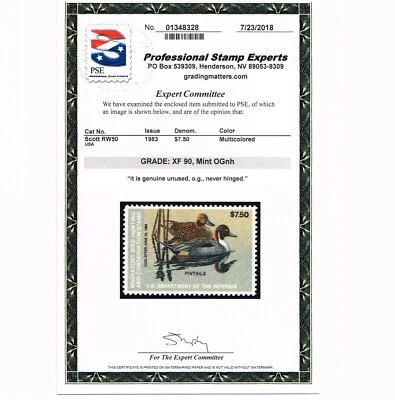 EXCEPTIONAL GENUINE SCOTT #RW50 MINT PRISTINE OG NH PSE CERT GRADED XF-90 #20282 - Image 1 of 3