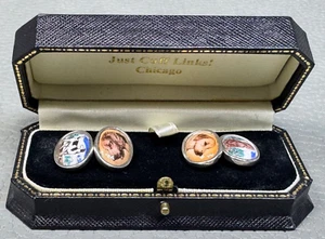 Vintage Sterling Silver Hand Painted Porcelain Dog Cufflinks - Picture 1 of 12