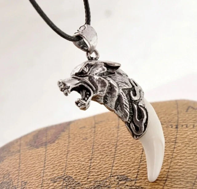 Buyanputra Men's Antique Wolf Fang Tooth Pendant Necklace - Faux Leather Rope With Bronze Tribal Carving - View #11