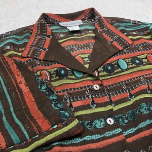VTG Sharon Young Button Shirt Women 12 Geometric 3/4 Sleeve Bell Cuff MADE USA - Picture 1 of 14