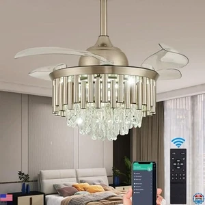 42" Dimmable Crystal Ceiling Fan with Light & Remote, Retractable Blades, Modern - Picture 1 of 6