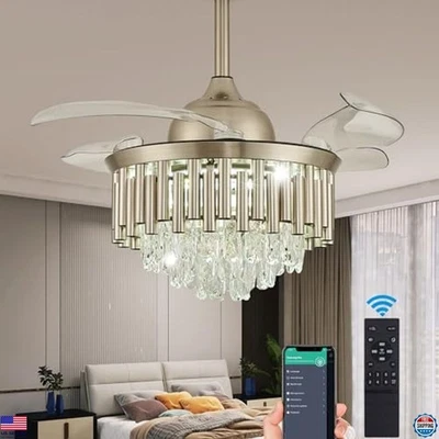 42" Dimmable Crystal Ceiling Fan with Light & Remote, Retractable Blades, Modern - Image 1 of 4