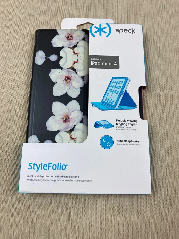 Funda y Soporte Speck Style Folio para iPad Mini 4 Negro con Flores Blancas - Nuevo Foto 1 de 1