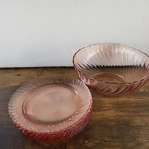 Arcoroc France Pink Swirl Salad Plates & Serving Bowl 9 Pcs Rosaline 7 3/4" - Picture 1 of 11