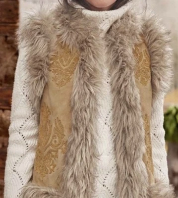 Винтажный жилет из натуральной кожи Sundance цвет лотоса искусственный мех с вышивкой на подкладке L - Изображение 1 из 4