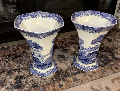 Jarrón hexagonal italiano Spode azul, porcelana fina, 10,5 pulgadas - azul blanco X2 SET Foto 1 de 4