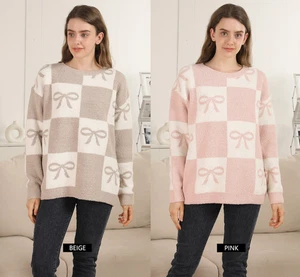 ComfyLuxe Checkered & Ribbon Pattern Pullover Lounge Sweater - Picture 1 of 13