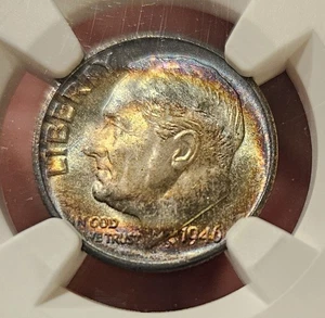 Dual Sided Rainbow Toned 1946-S Roosevelt Dime NGC MS66 FT Great Eye Appeal! - Picture 1 of 4