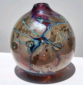 Vtg Signed J Byron Art Glass Vase Cranberry Turquoise Blue Rivers Gold 6" Signed - Picture 1 of 12