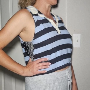 So Cute Comfy Free People Blue Striped Collared V Neck Sleeveless Tank Top Small - Picture 1 of 8