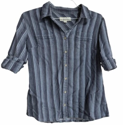 女式 Cabela’s 纽扣衬衫蓝色条纹衬衫棉质 3/4 袖“XL”阅读 — 第 1/4 张图片