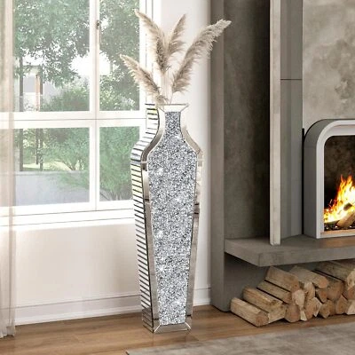 Jarrón de piso grande de 43" de gran tamaño con espejo de diamante triturado florero de cristal plateado Foto 1 de 4