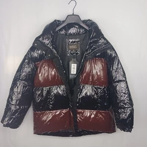 Badgley Mischka Roberta Vegan Puffer Coat Jacket Women’s L/G Black Maroon Zipper - Picture 1 of 22