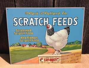 Scratch Poultry Feeds Park Pollard Sign Tin Vintage Garage Bar Decor Old Rustic - Picture 1 of 1