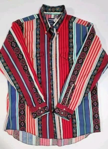Vtg 90s Wrangler Western Red Pearl Snap Size 17.5-35 Striped Aztec western USA - Picture 1 of 6