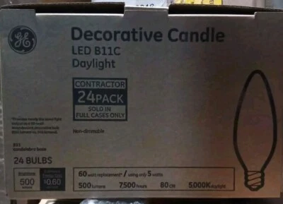 24 Pack GE Daylight LED B11C Candelabra Base Bulbs 60W EQ 5W Decorative Candle - Image 1 of 4