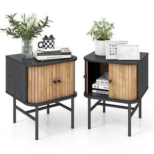 Set of 2 Nightstand Compact Modern End Side Table with Sliding Doors - Picture 1 of 10