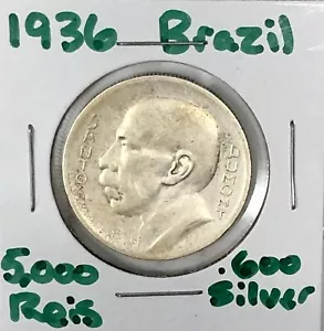 Brazilian 5000 Réis Coin 1936 KM# 543 Brazil Silver Dumont Five Thousand Reis - Picture 1 of 2
