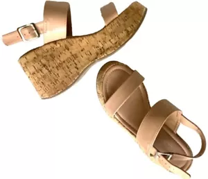 Sandal Shoe Womens 9 Tan Dusty Rose Nude.Chunky Cork Wedge Platform Strap Buckle - Picture 1 of 17