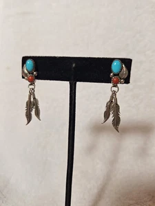 Navajo Sterling Siver Dangle Feather Earrings, stamp omn backside - Picture 1 of 4