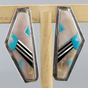 Vintage HUGE Navajo Turquoise Inlay Earrings Sterling Silver Native American - Picture 1 of 5