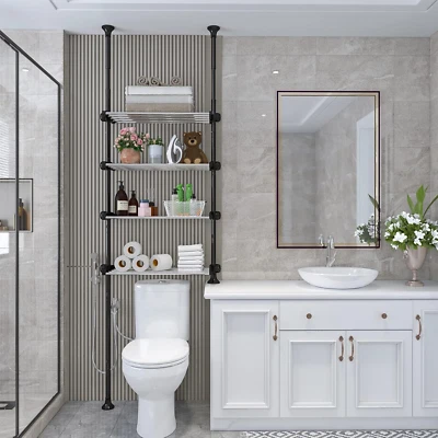 Prateleiras organizadoras de vaso sanitário 4 níveis 97" a 116" ajuste tensão preto poste sala rack - Imagem 1 de 4