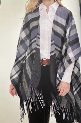Banana Republic Wrap Kimono Cashmere Blend Soft Plaid Purple Fringe Blue OS New - Image 1 of 4