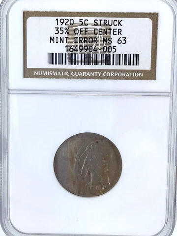 1920 5C Struck 35% Off Center Mint Error NGC MS 63 Cover