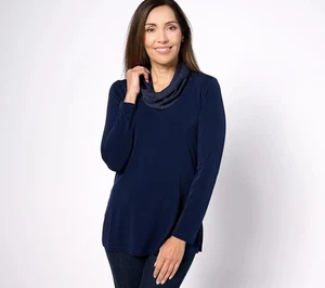 Susan Graver Sz XS Regular Liquid Knit Tunic with Sequin Cowl-Neck NAVY A623464 - Picture 1 of 1