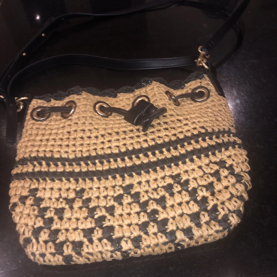 Marks and Spencer Small Straw Black Mix drawstring bag with long and short strap - Image 1 of 4