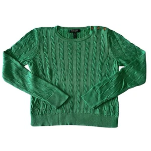 Vintage Lauren Ralph Lauren grün Zopfmuster Knopf Schulter Pullover Größe PL - Bild 1 von 13