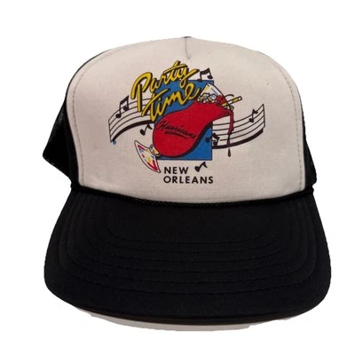 Sombrero de camionero SnapBack vintage años 80 New Orleans Party Time blanco y negro Foto 1 de 4